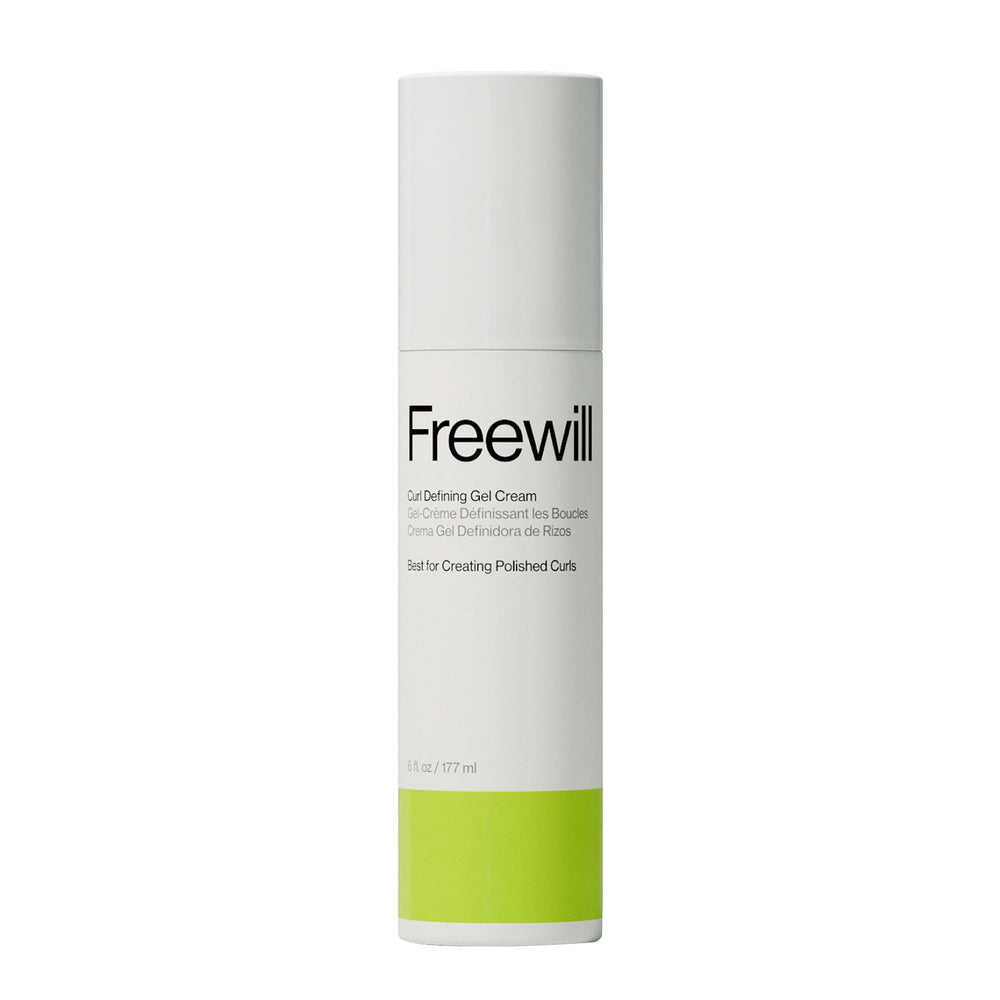 Freewill Curl Defining Gel Cream bottle pour showing frizz-free, defined curls.