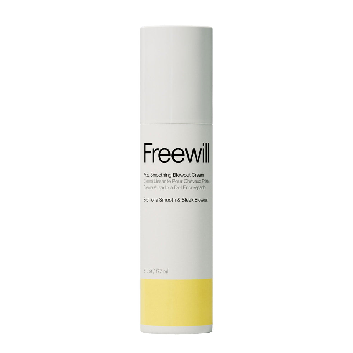 Freewill Frizz Smoothing Blowout Cream bottle close-up for sleek styling