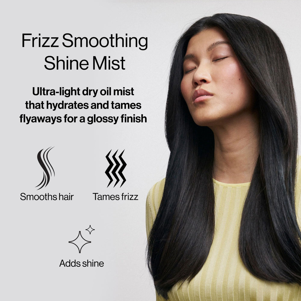 Freewill Frizz Smoothing Shine Mist being sprayed on hair for lightweight hydration.