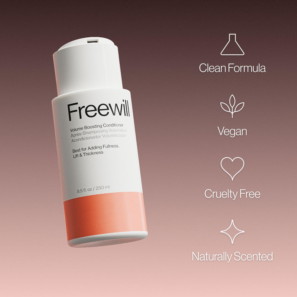 Freewill Volume Boosting Conditioner ingredients blend highlights biotin and caffeine benefits for elasticity