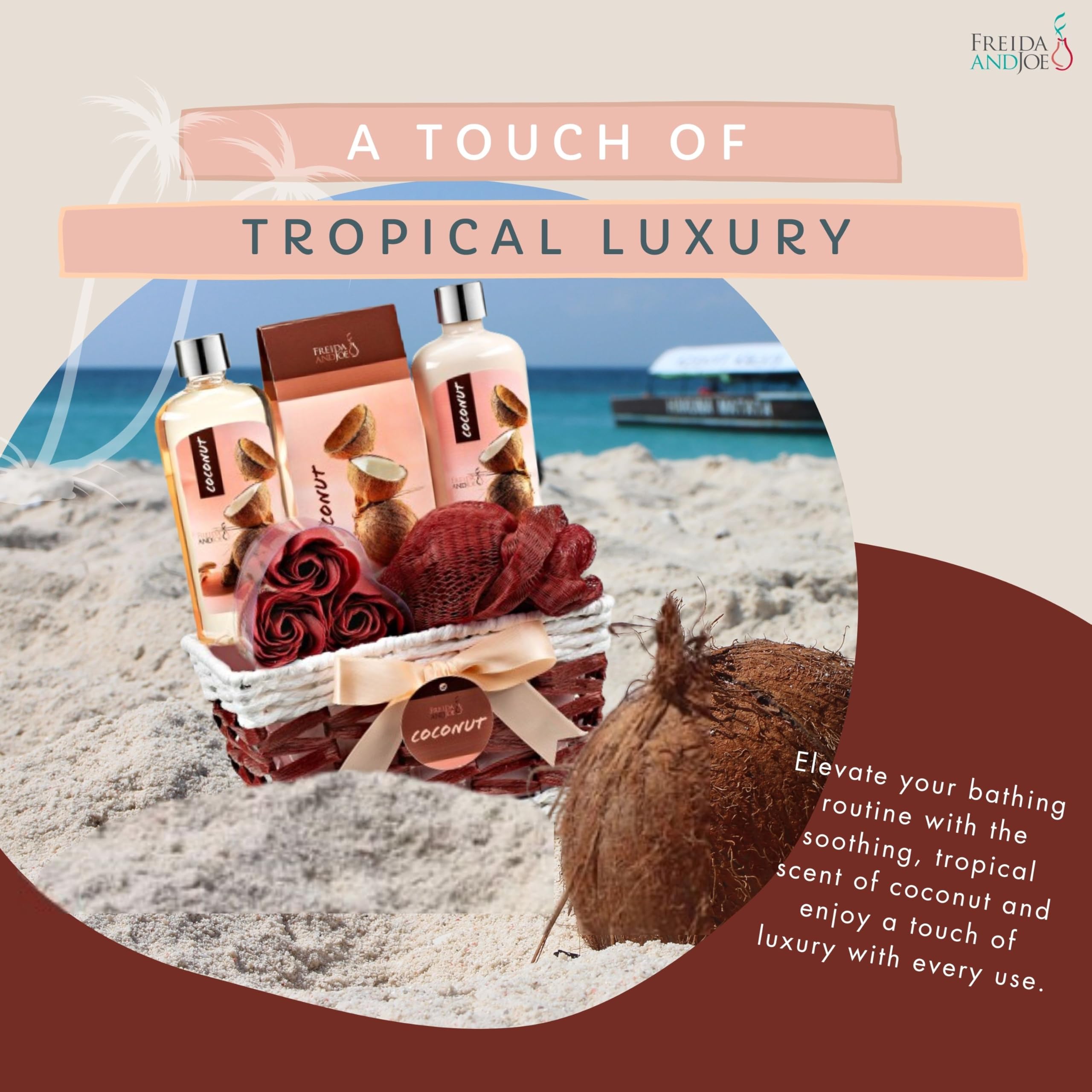 Freida and Joe Coconut Spa Gift Basket pink and brown set highlight