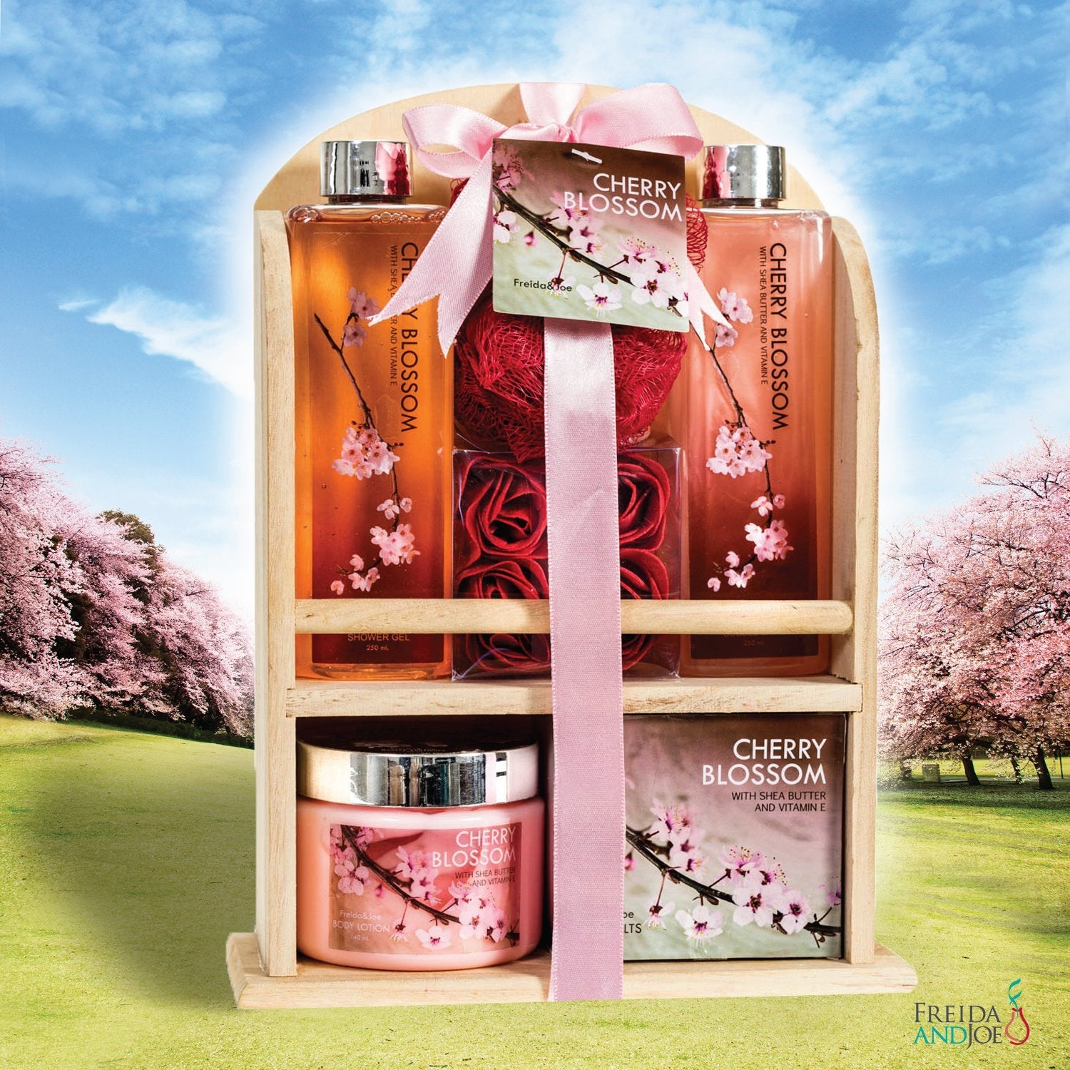 Freida and Joe Cherry Blossom Wooden Curio Gift Cabinet display