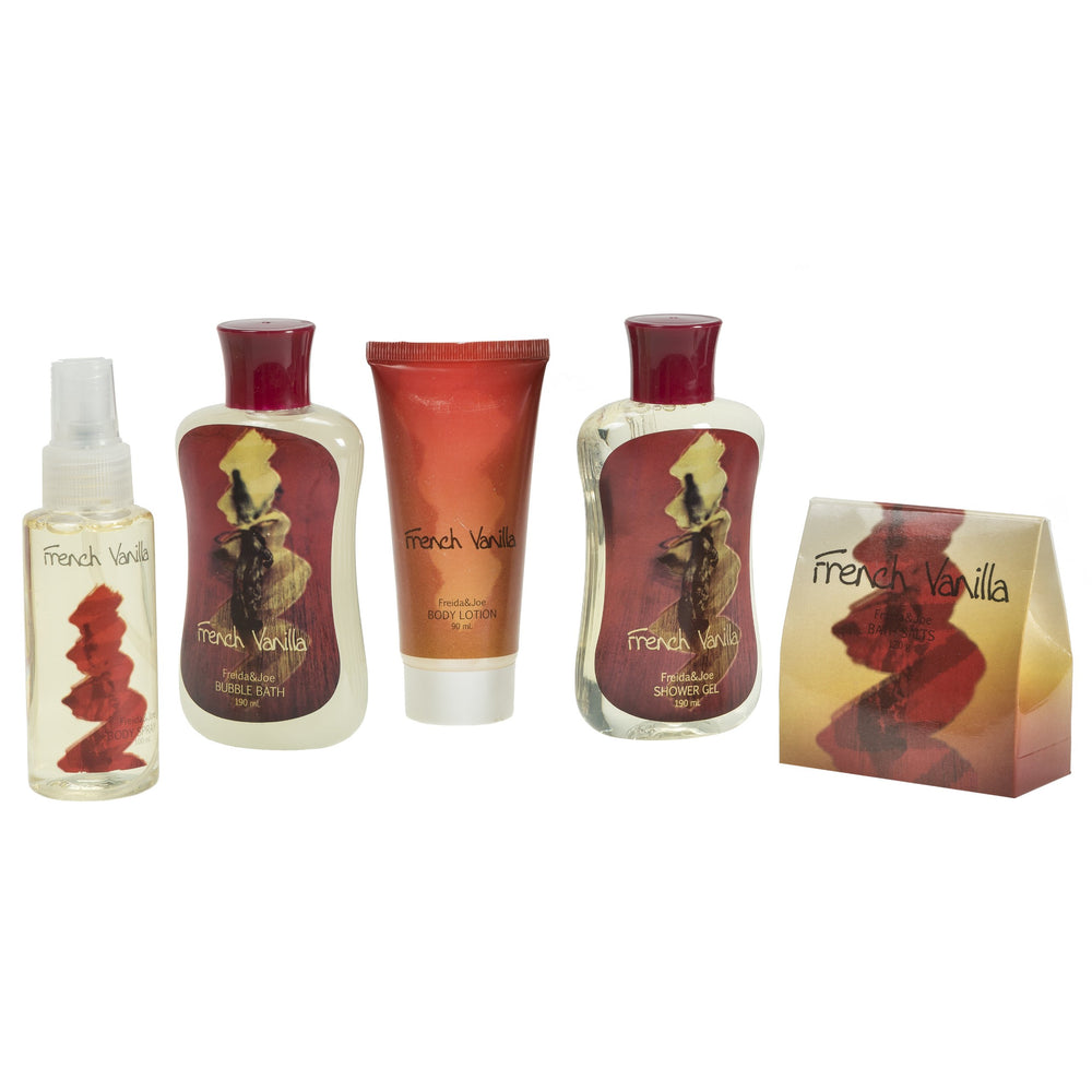 Freida and Joe French Vanilla Shower Gel bottle highlights a rich fragrance.