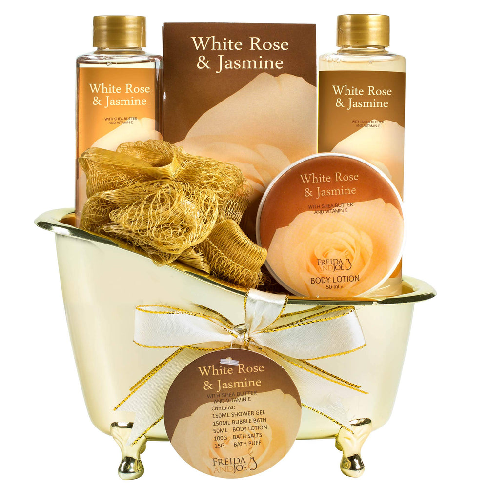 Freida and Joe spa set in a gold tub front view for at-home luxury