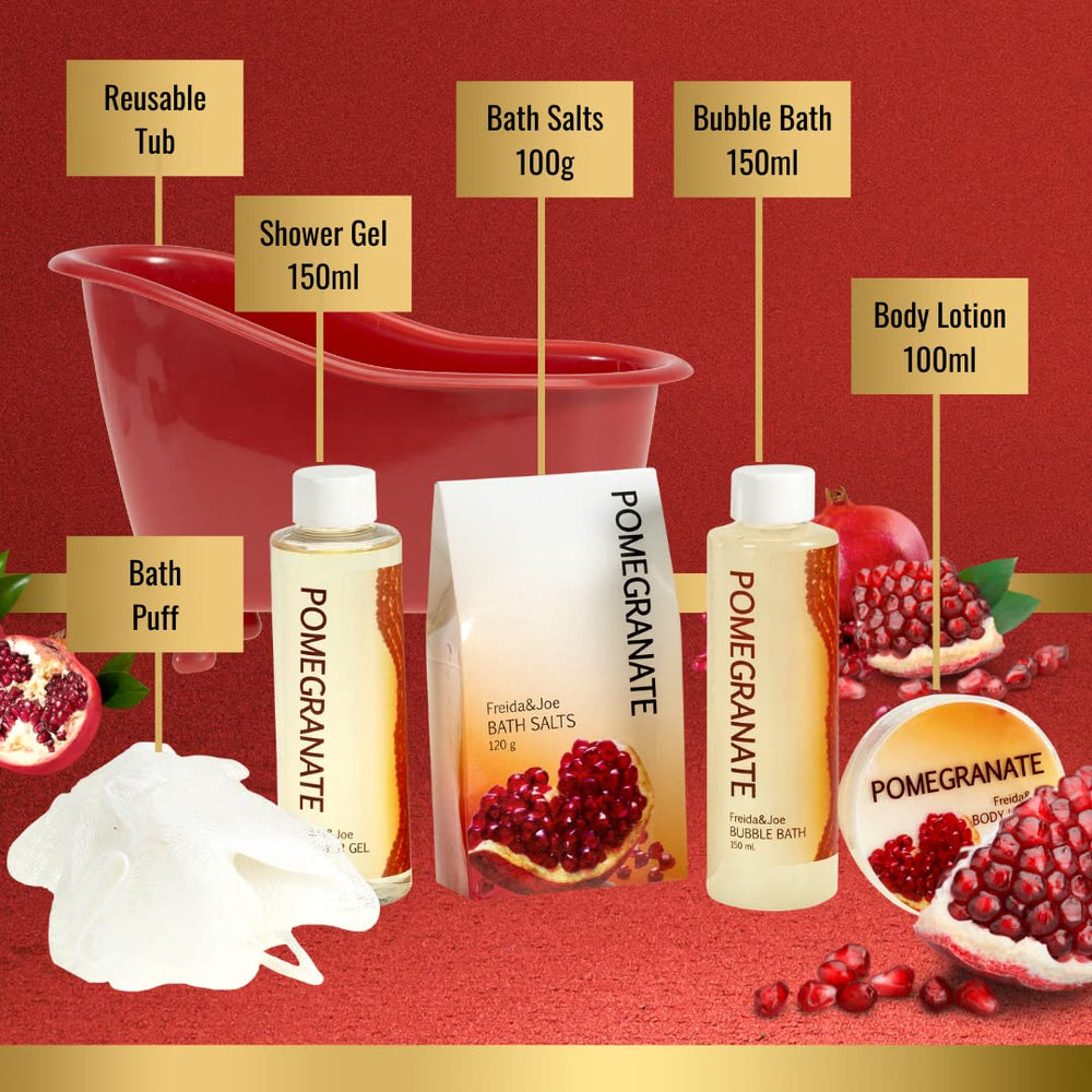 Freida and Joe Red Pomegranate Body Lotion tube—hydrating softness after shower.