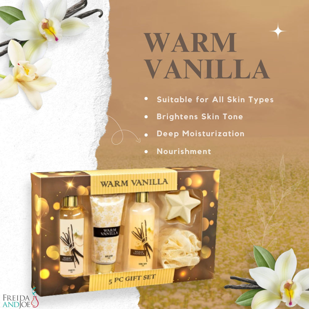 Freida and Joe Warm Vanilla Gift Box presentation showcasing a complete at-home spa set.