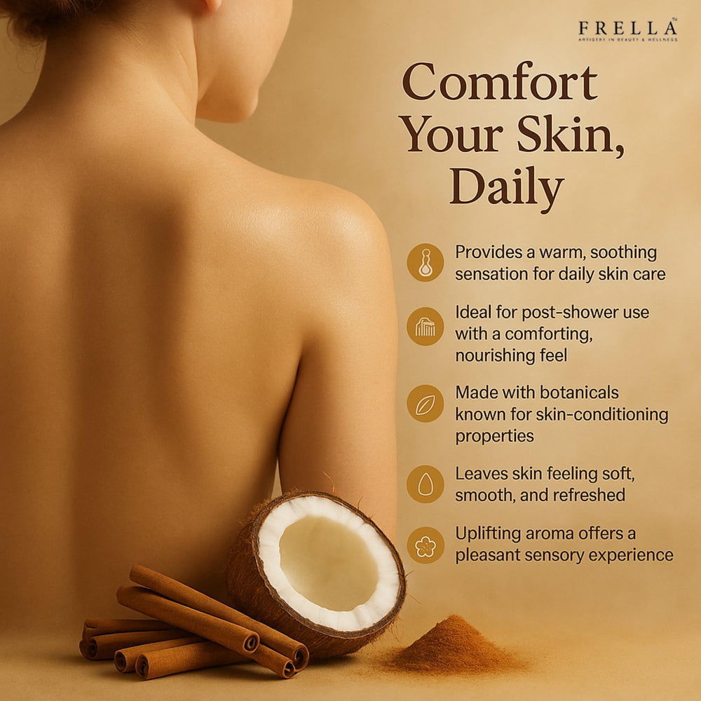 Frella Cinnamon Oil applied on skin promoting lightweight hydration.