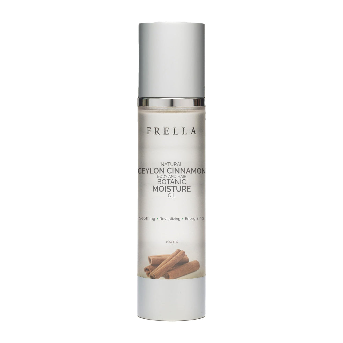 Frella Cinnamon Oil bottle showing easy daily use for skin and hair care.