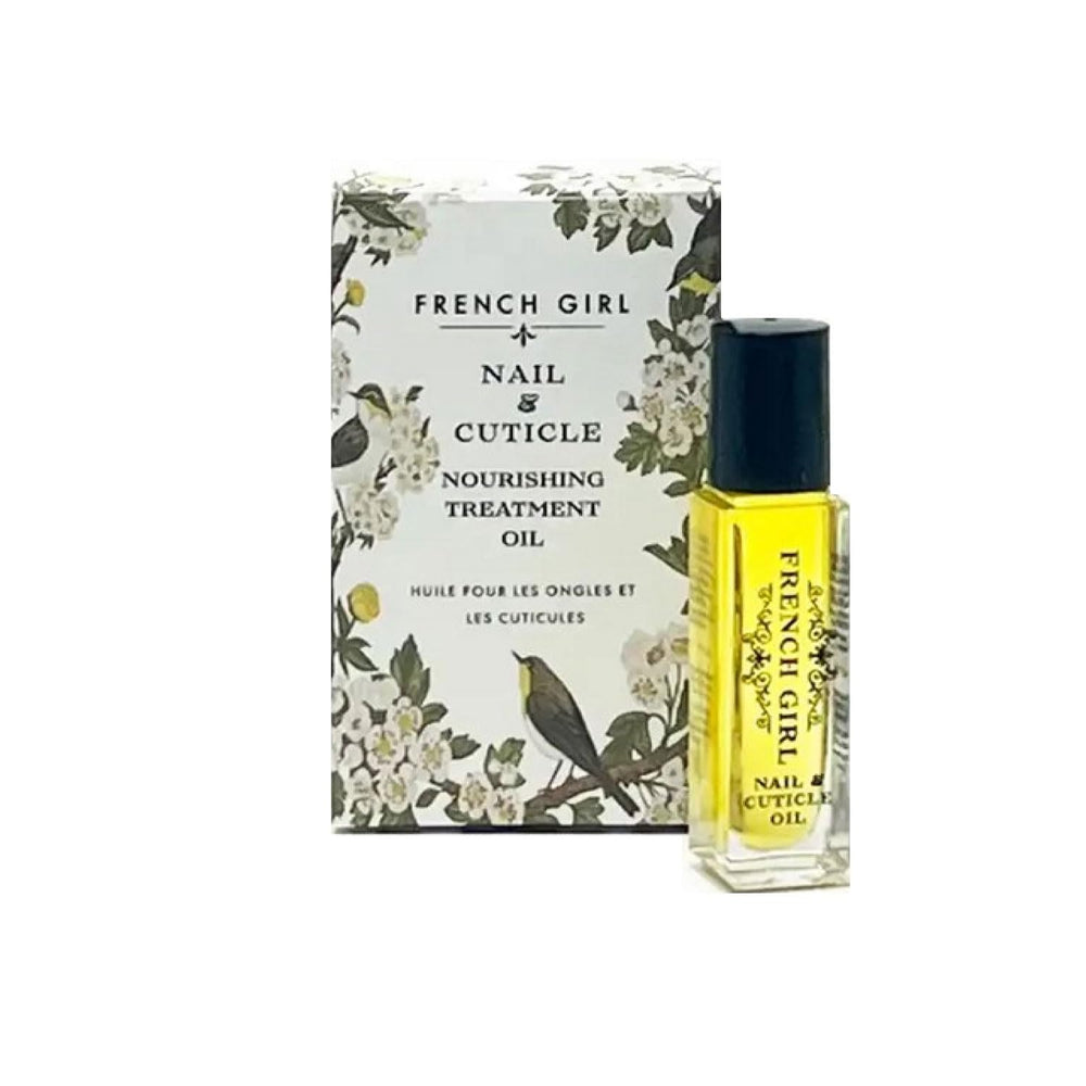 French Girl Nail & Cuticle Oil bottle closeup showing a conditioning formula for healthier-looking nails.