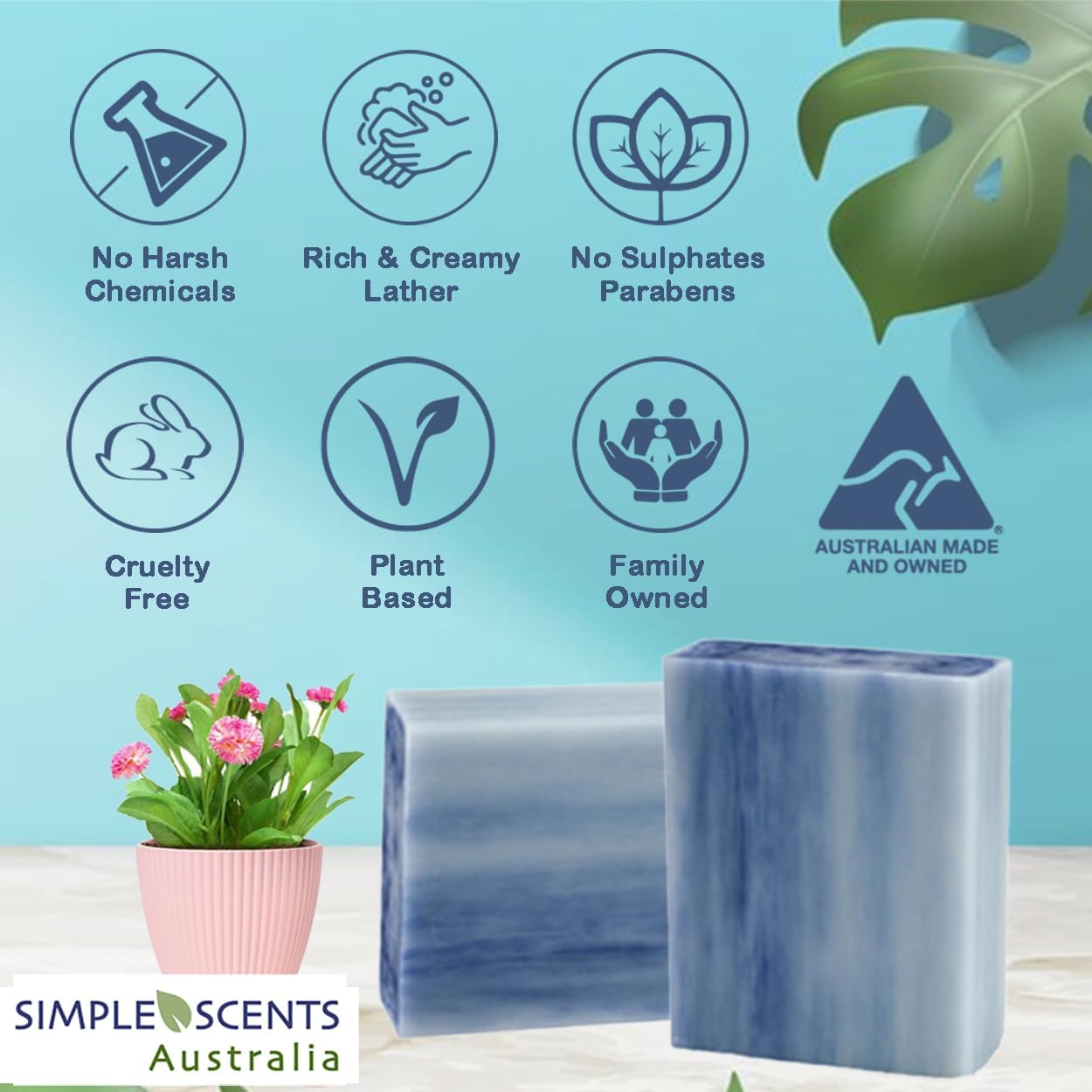 Simple Scents Australia French triple milled soap texture highlighting smooth, lasting moisture