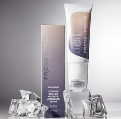 Frens of Frens cooling depuff serum roller on face providing instant soothing sensation