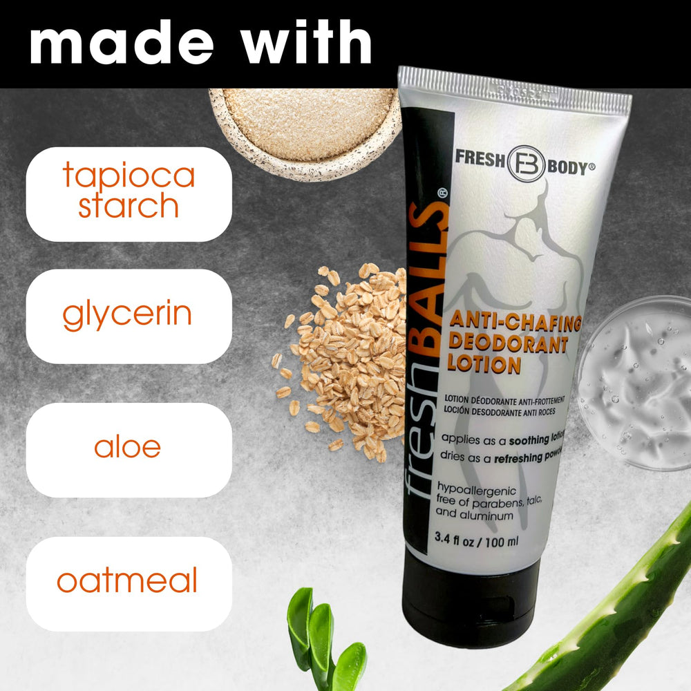 Fresh BALLS Lotion silky finish provides a talc-free feel for sensitive areas.