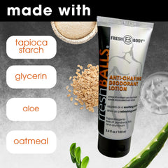 Fresh BALLS Lotion silky finish provides a talc-free feel for sensitive areas.