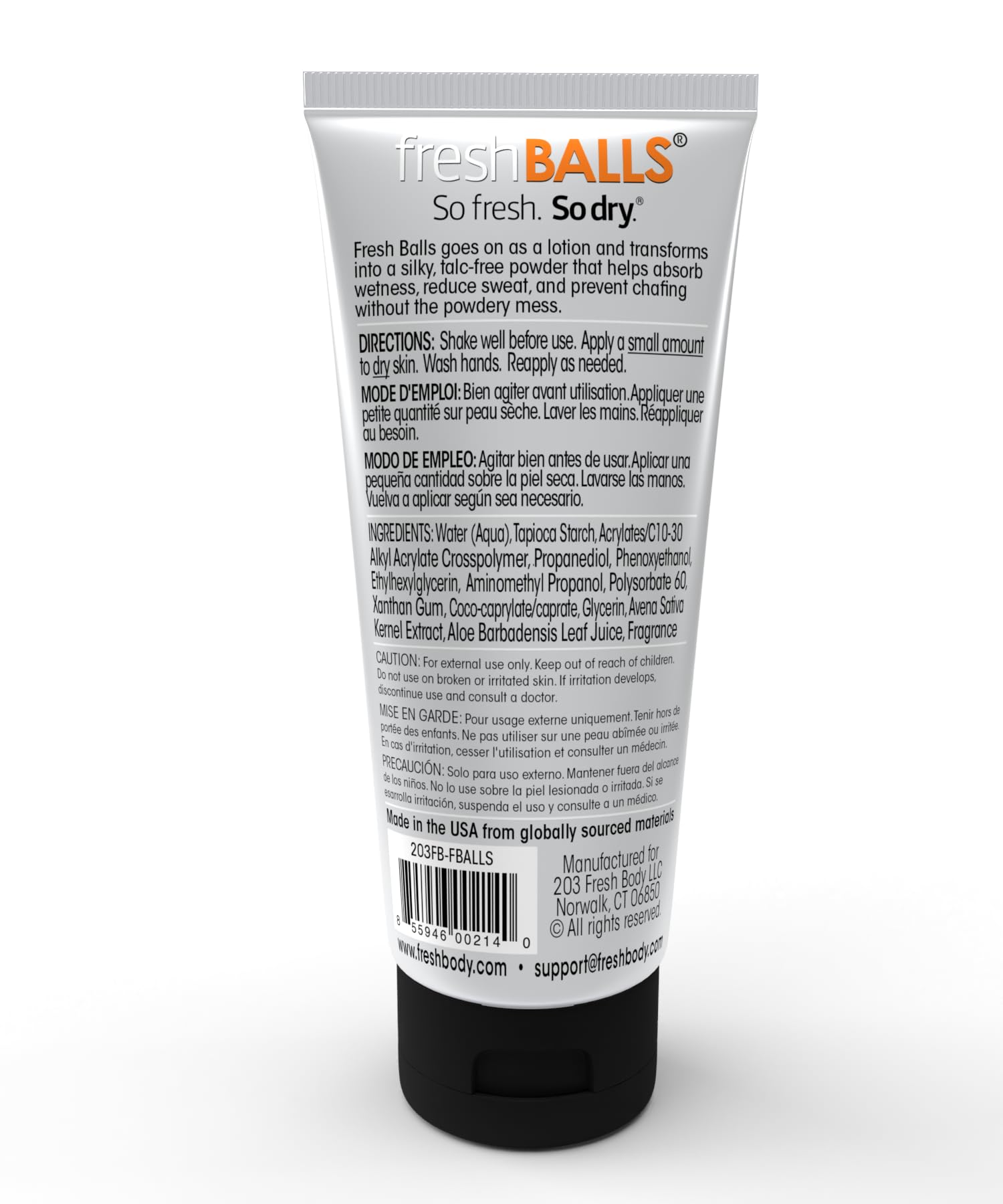 Fresh BALLS Lotion made in the USA and not tested on animals.