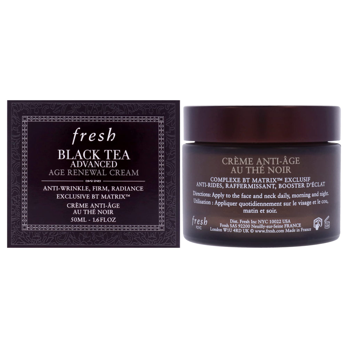 Fresh Black Tea Advanced Age Renewal Cream bottle closeup for premium skincare ritual