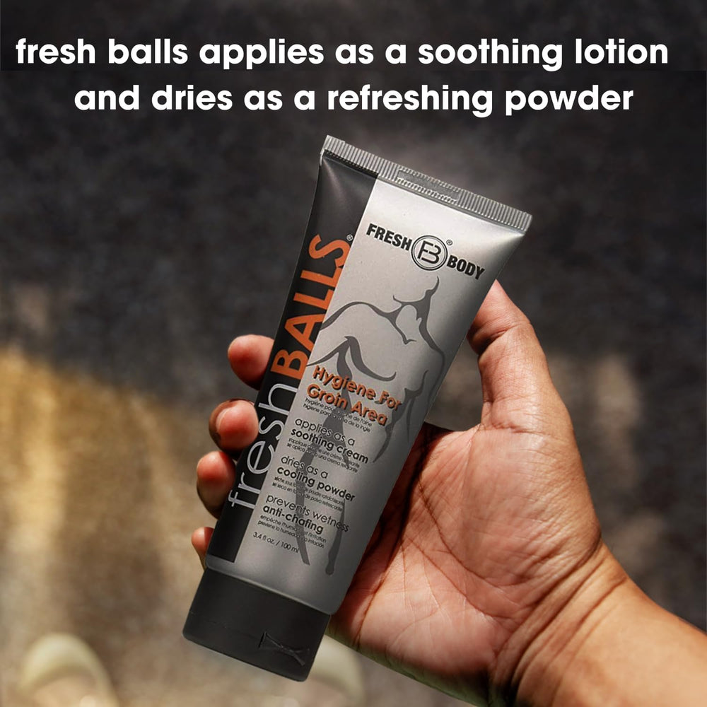 Fresh Body FB Fresh Balls Cream tube close-up showing moisture-absorption and soothing formula.