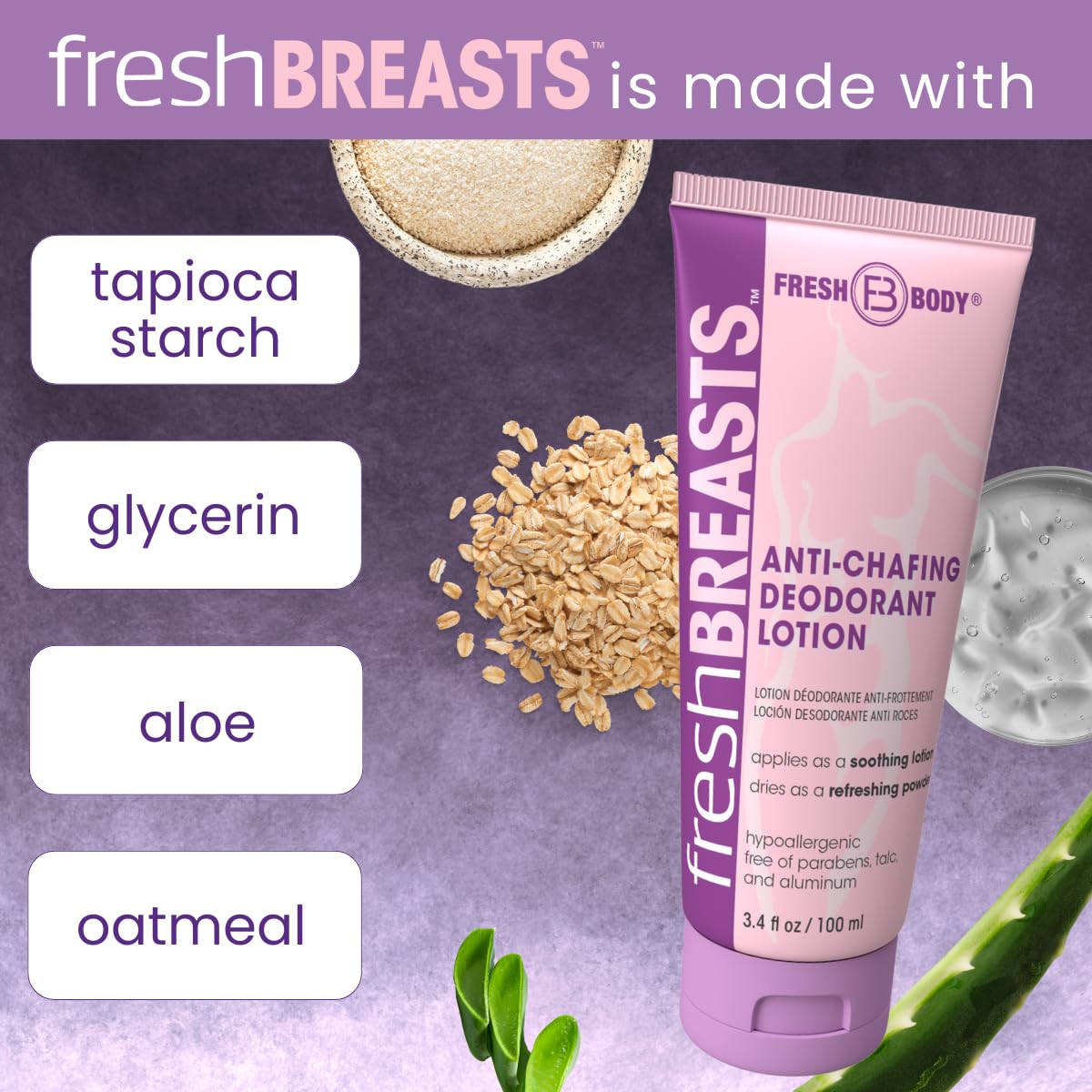 Fresh Body FB Thigh chafe prevention with soothing oatmeal and aloe.