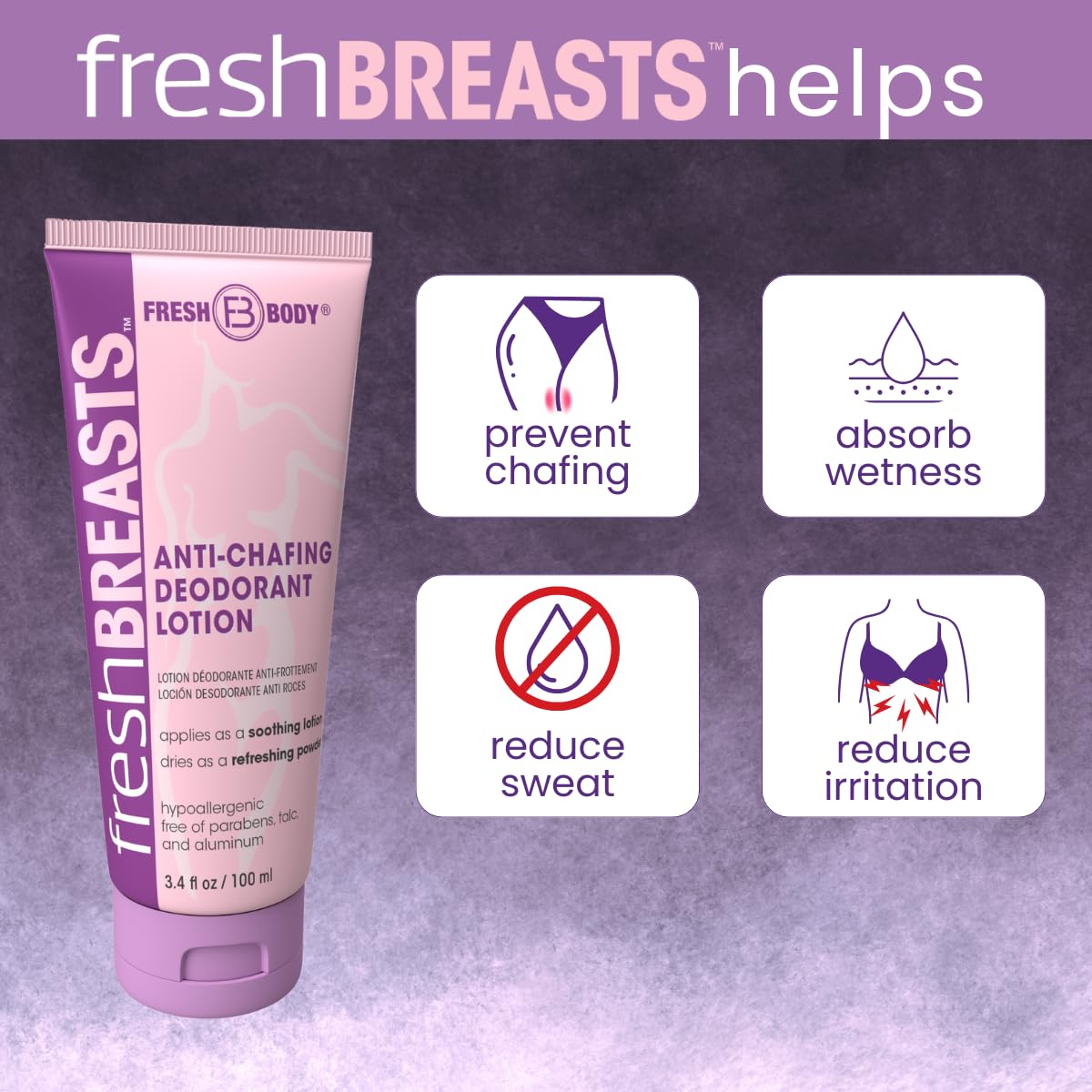 Fresh Body FB Application on under-breast area comforts skin and reduces chafe.