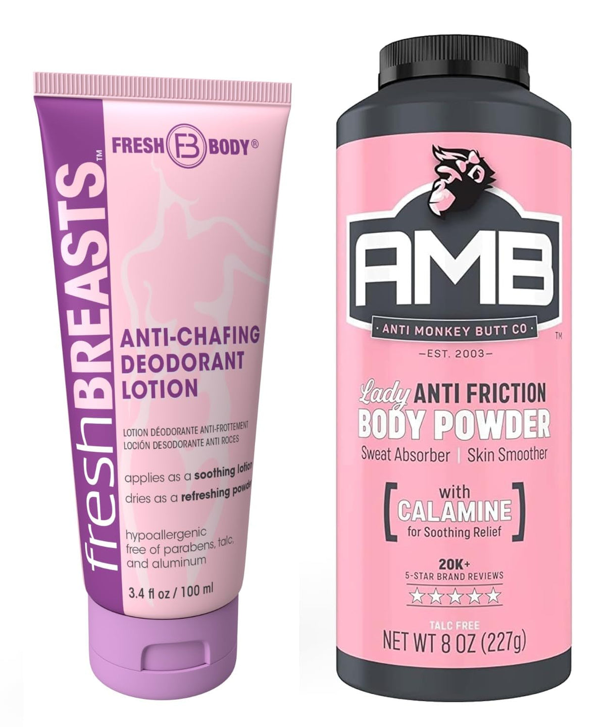 Fresh Breasts lotion bottle shows quick silky powder transition for dry, comfortable skin.