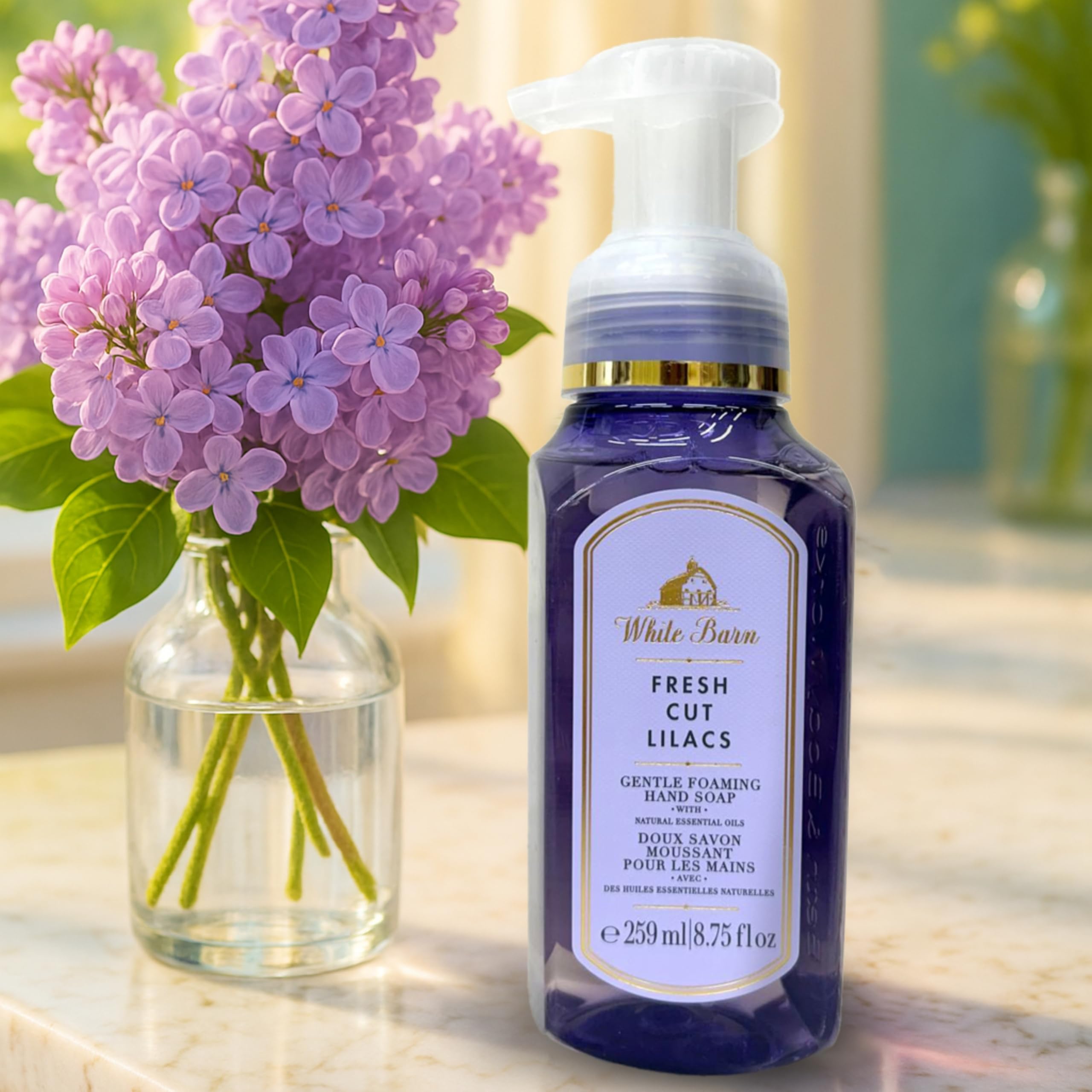 Fresh Cut Lilacs foamy lather at the sink for a refreshing daily cleansing ritual.