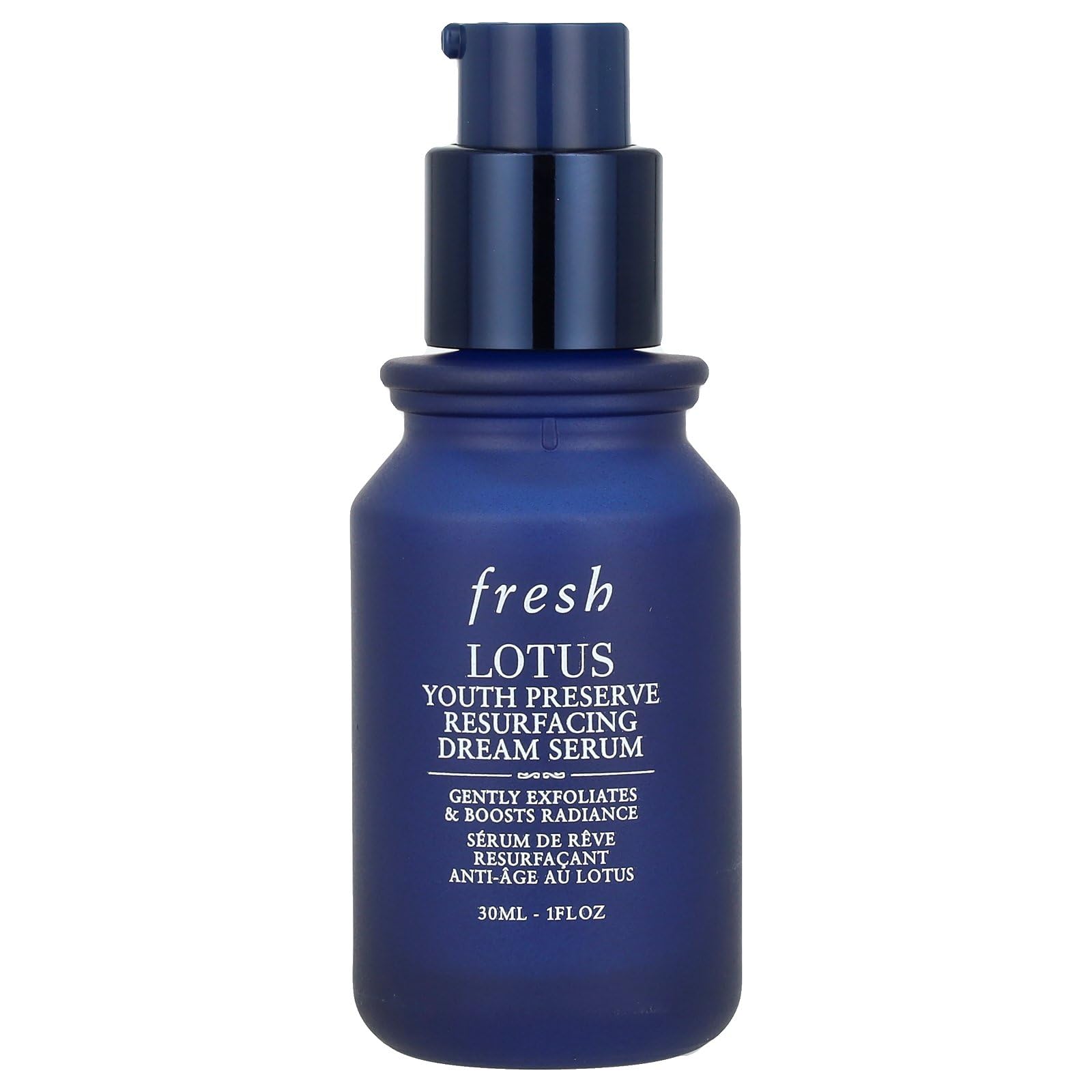 Fresh Lotus serum bottle pour highlights silky texture for easy nightly application.