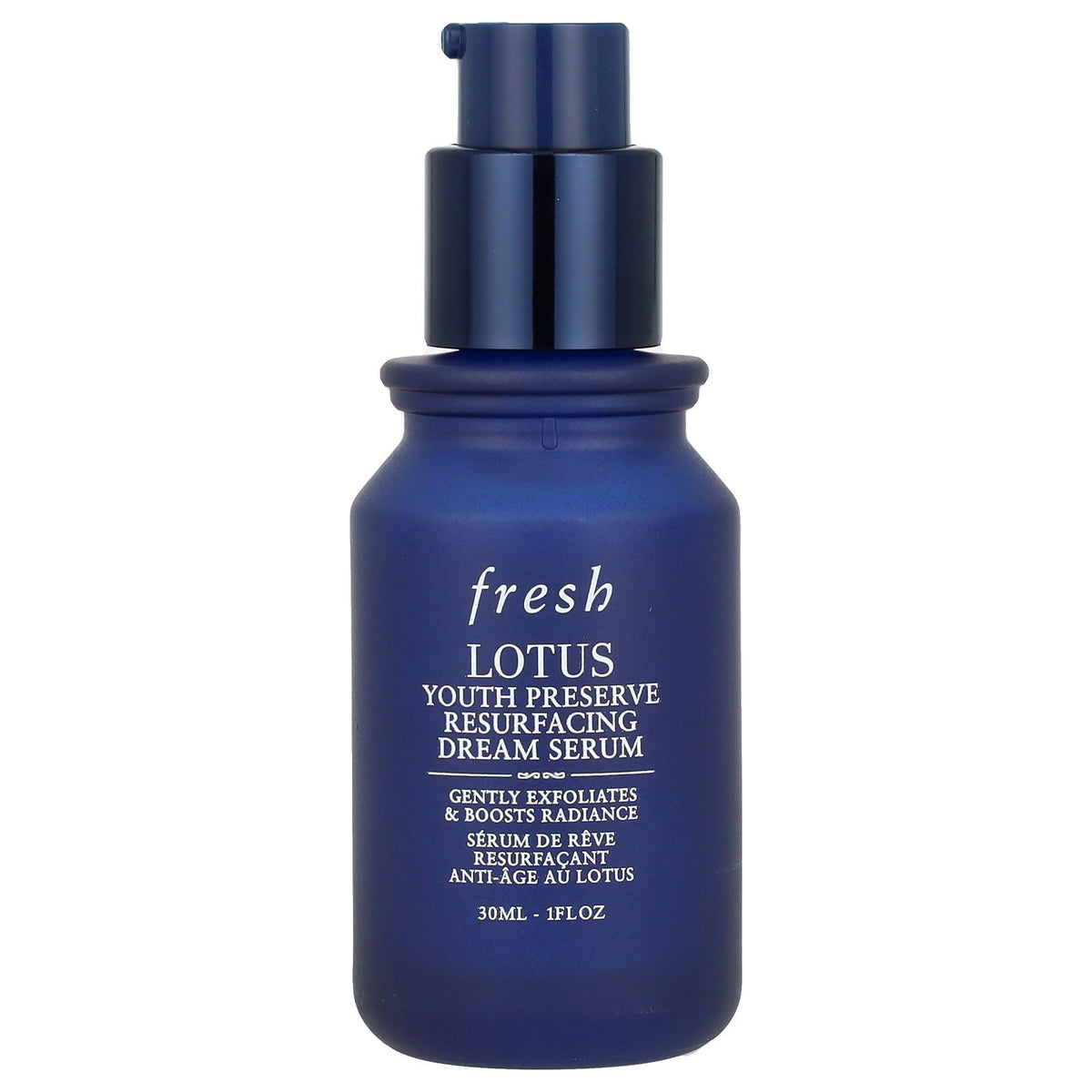 Fresh Lotus serum bottle pour highlights silky texture for easy nightly application.
