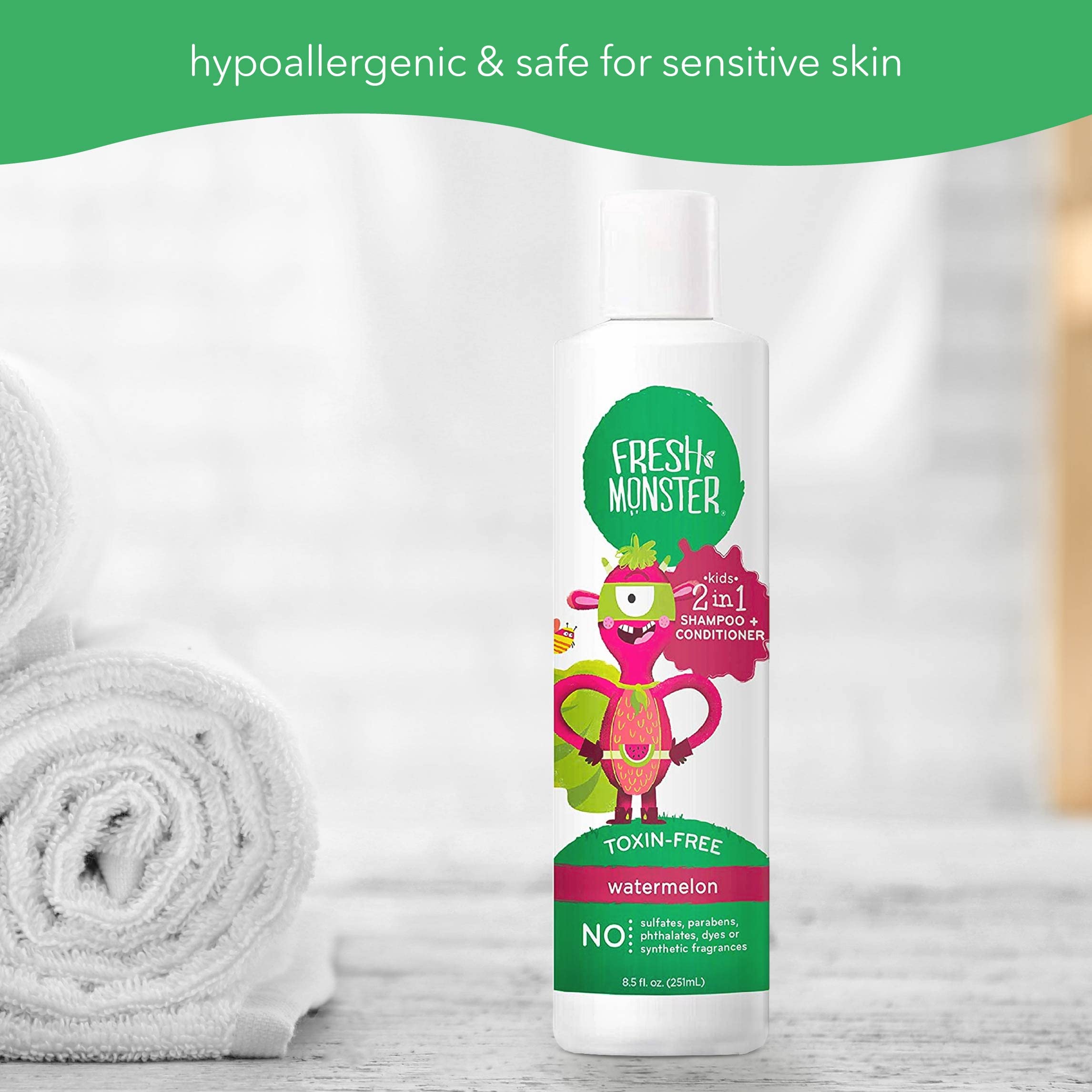 Fresh Monster cruelty-free shampoo label communicates safe, kind care.