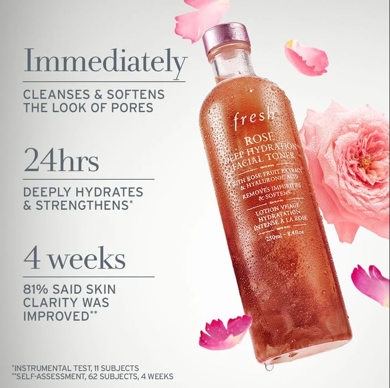 Liquid dispenses onto skin from Fresh Rose Toner, prepping for serums