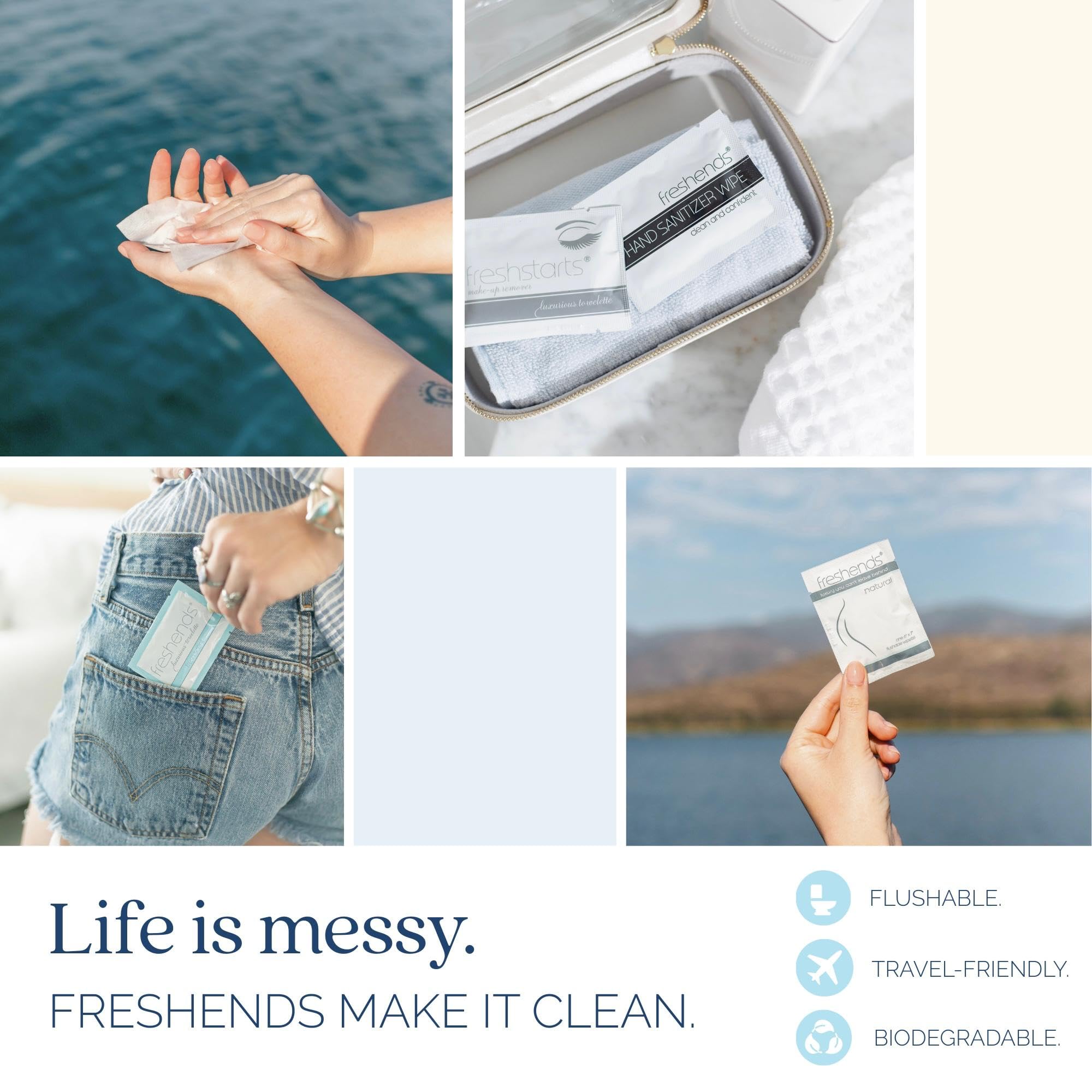 Freshends gray bulk pack displayed on guest bathroom shelf for hospitality convenience.