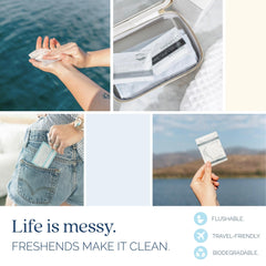 Freshends gray bulk pack displayed on guest bathroom shelf for hospitality convenience.