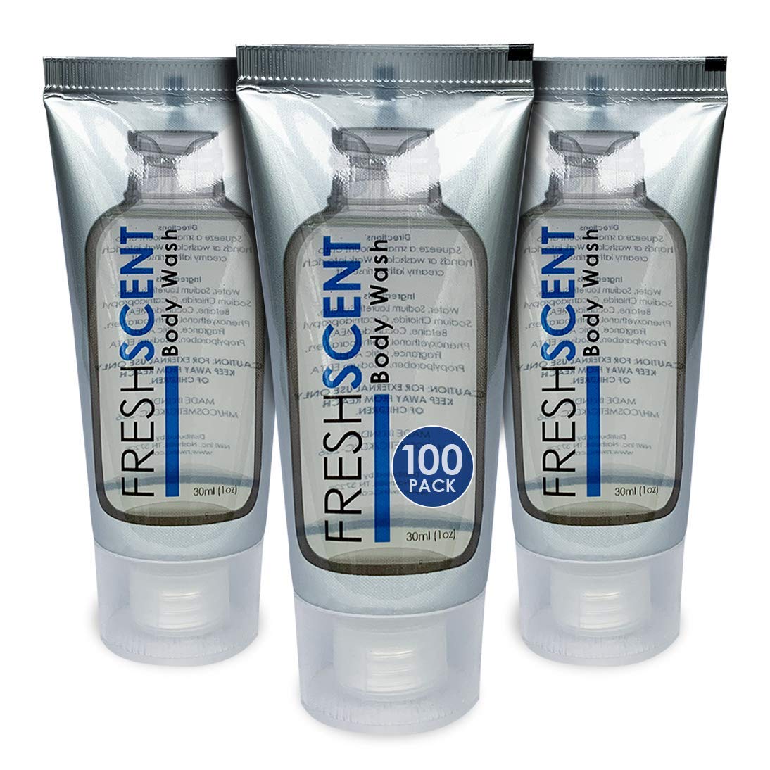 Freshscent 1oz body wash tube front view, ideal guest amenities for hotels and vacation rentals