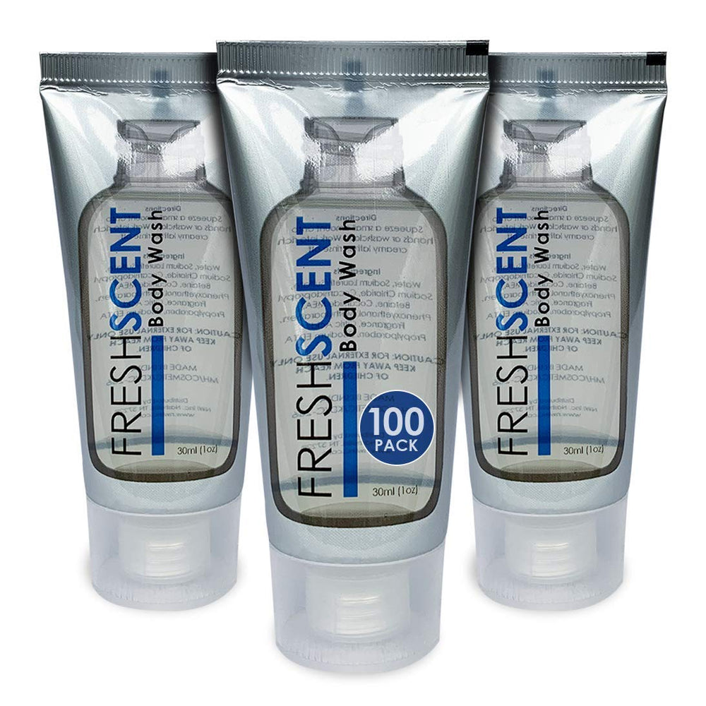 Freshscent 1oz body wash tube front view, ideal guest amenities for hotels and vacation rentals