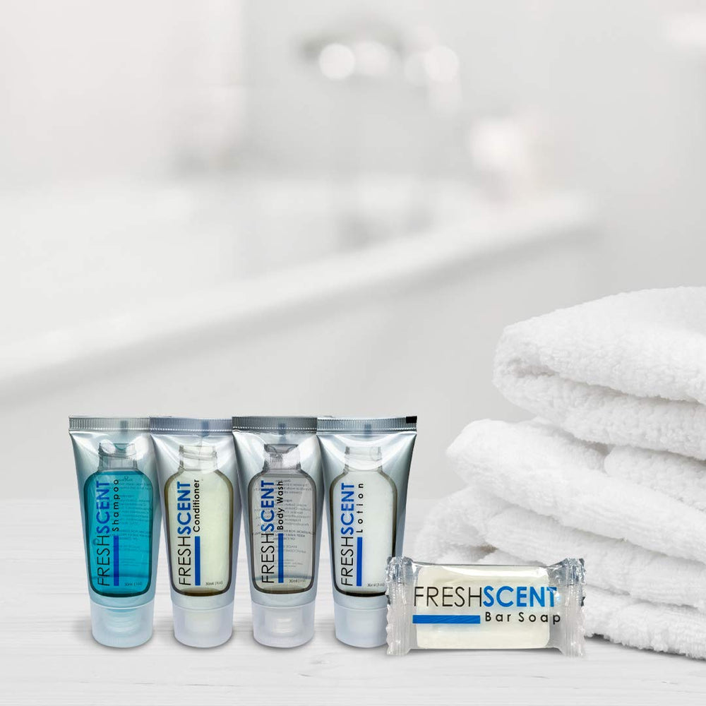 Freshscent Hotel Collection 1oz lotion tubes arranged for guest rooms