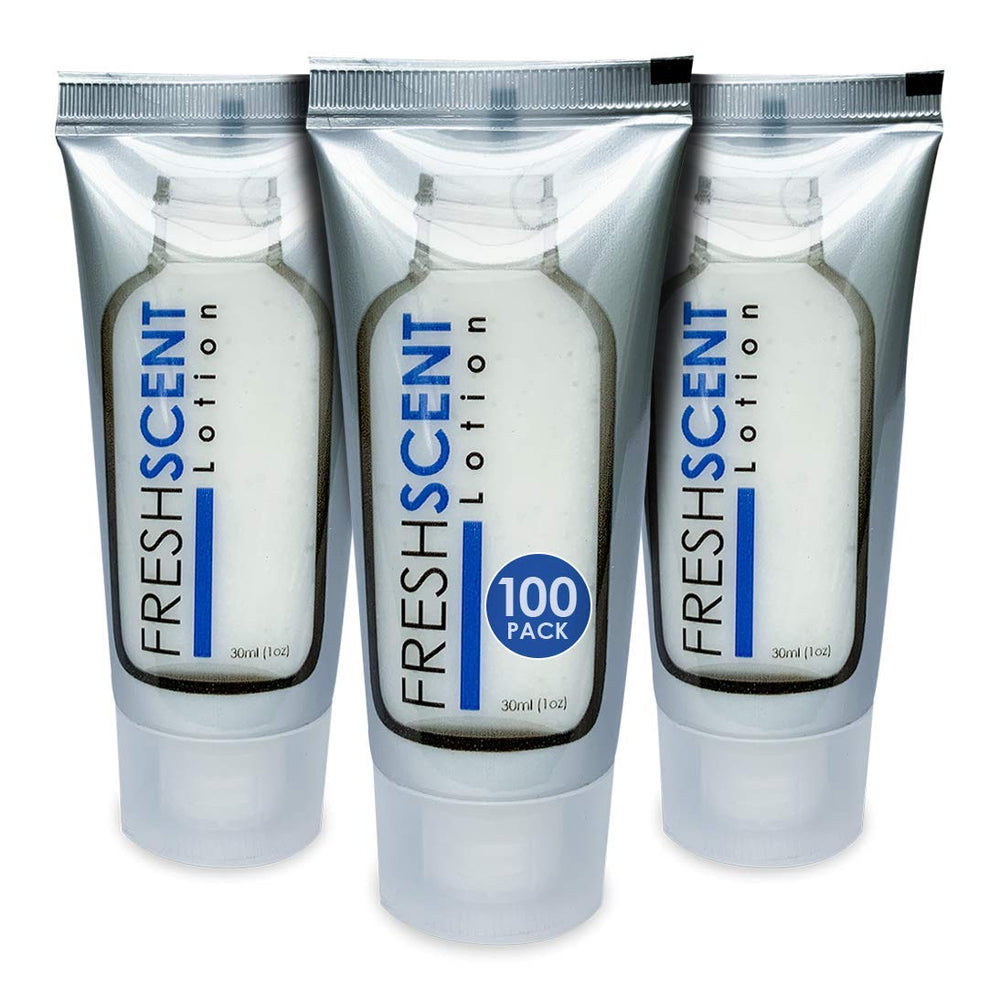 Freshscent Lotion 1oz tubes organized for hotel guest room kits.