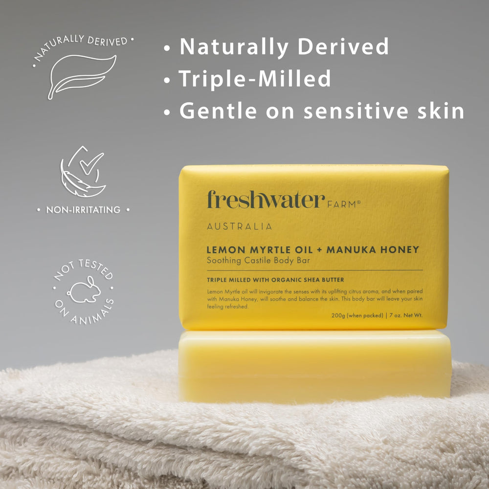 Freshwater Farm Australia lemon Myrtle honey soap bar creamy lather enhances gentle cleansing.