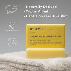Freshwater Farm Australia lemon Myrtle honey soap bar creamy lather enhances gentle cleansing.