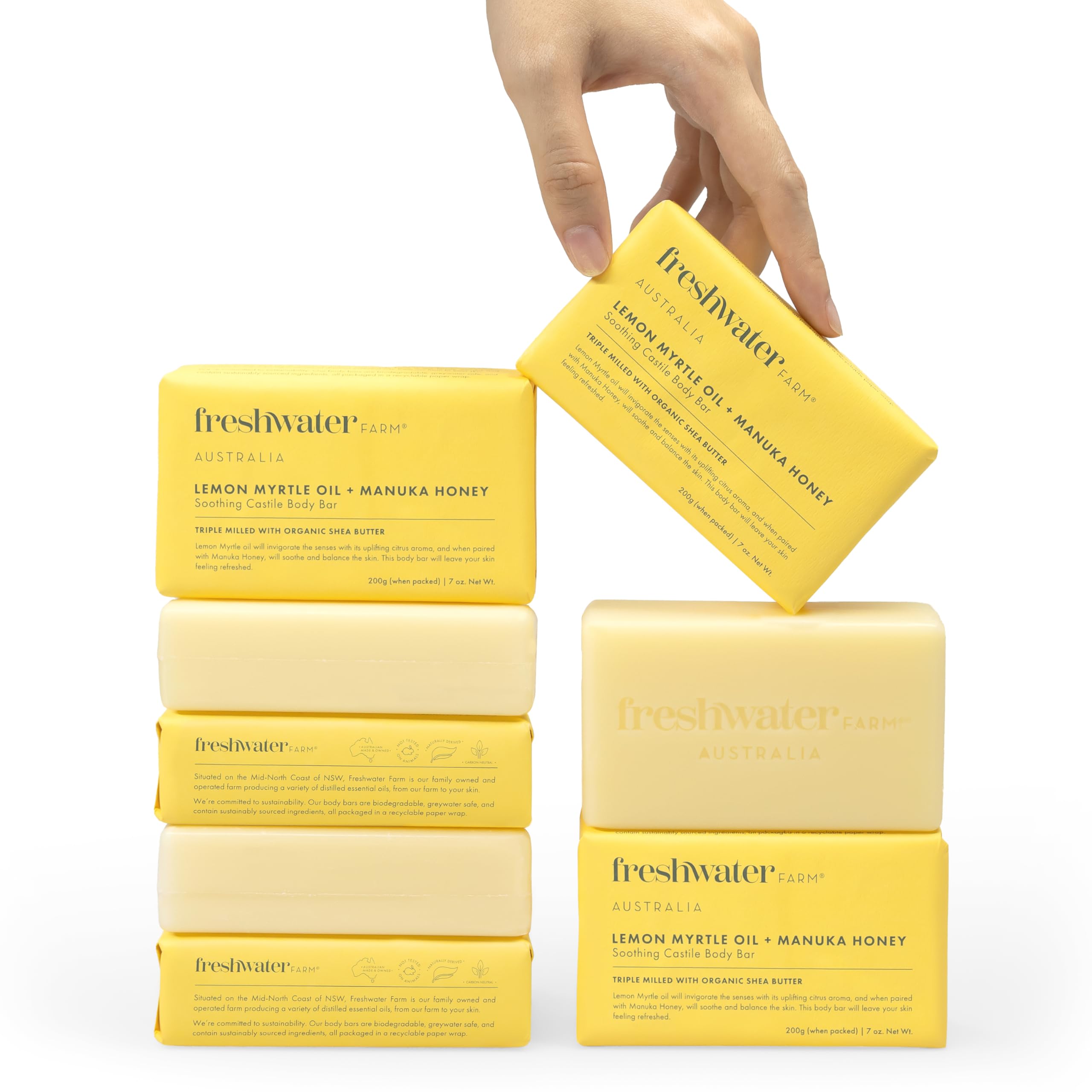 Freshwater Farm Australia lemon Myrtle honey soap bar packaging highlights eco-friendly wrapping and sustainable care.
