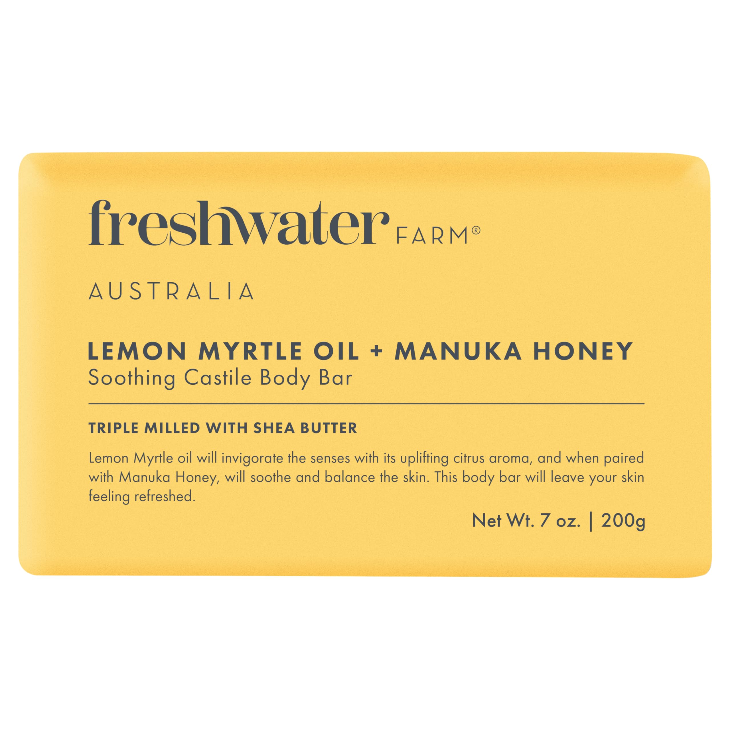 Freshwater Farm Australia Lemon Myrtle Oil + Manuka Honey Body Bar close-up for refreshing daily cleansing.