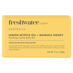 Freshwater Farm Australia Lemon Myrtle Oil + Manuka Honey Body Bar close-up for refreshing daily cleansing.