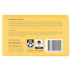 Freshwater Farm Australia Lemon Myrtle Oil and Manuka Honey Body Bar detail highlighting skin-moisturizing benefits.