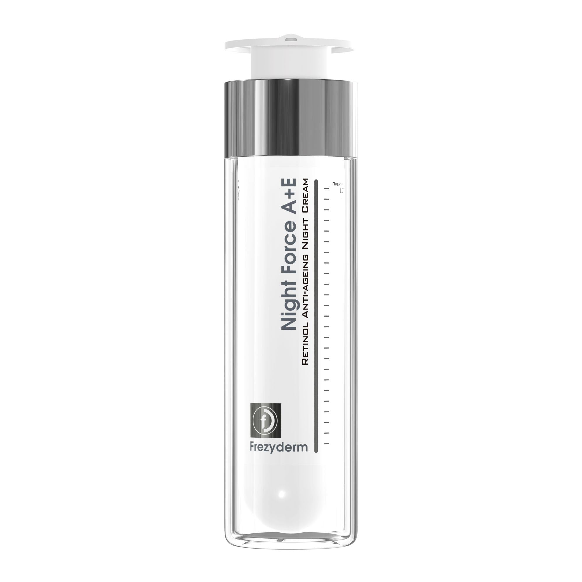 FrezyDerm Night Force bottle closeup highlighting retinol for smoother skin