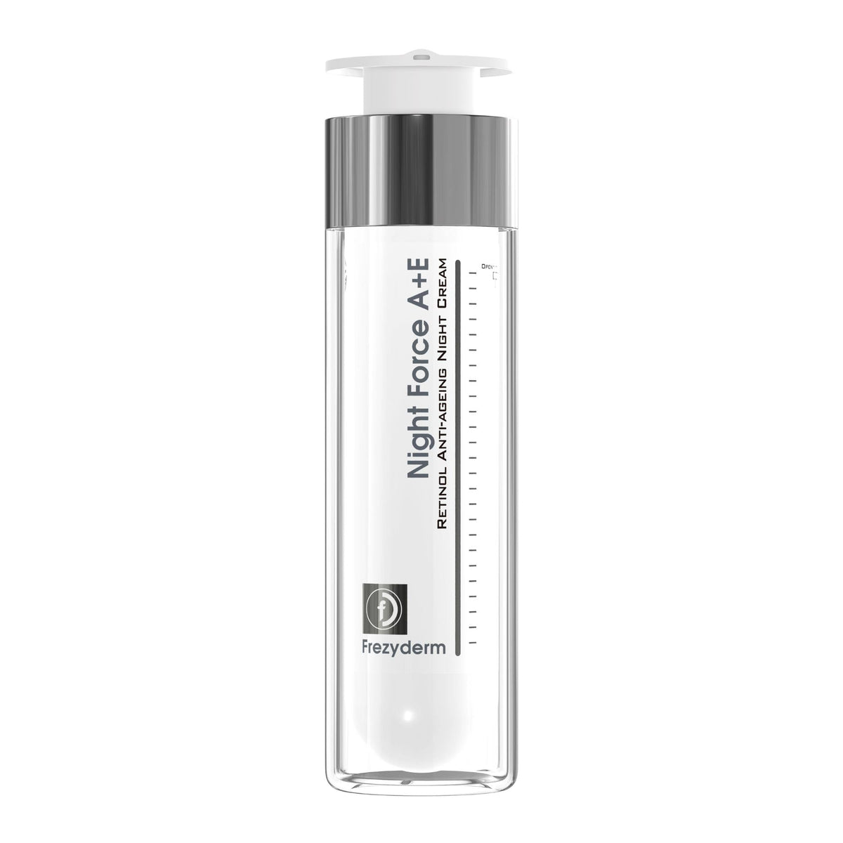 FrezyDerm Night Force bottle closeup highlighting retinol for smoother skin
