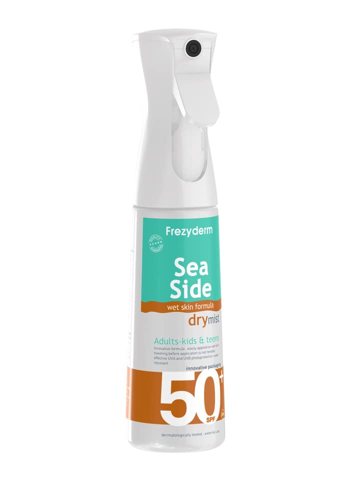 FREZYDERM Sea Side Dry Mist SPF 50+ airless packaging in product lineup