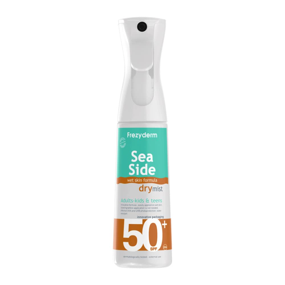 FREZYDERM Sea Side Dry Mist SPF 50+ bottle close-up for quick beach protection