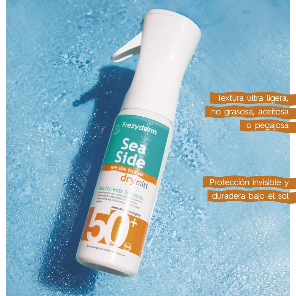 FREZYDERM Sea Side Dry Mist SPF 50+ compact bottle for on-the-go protection