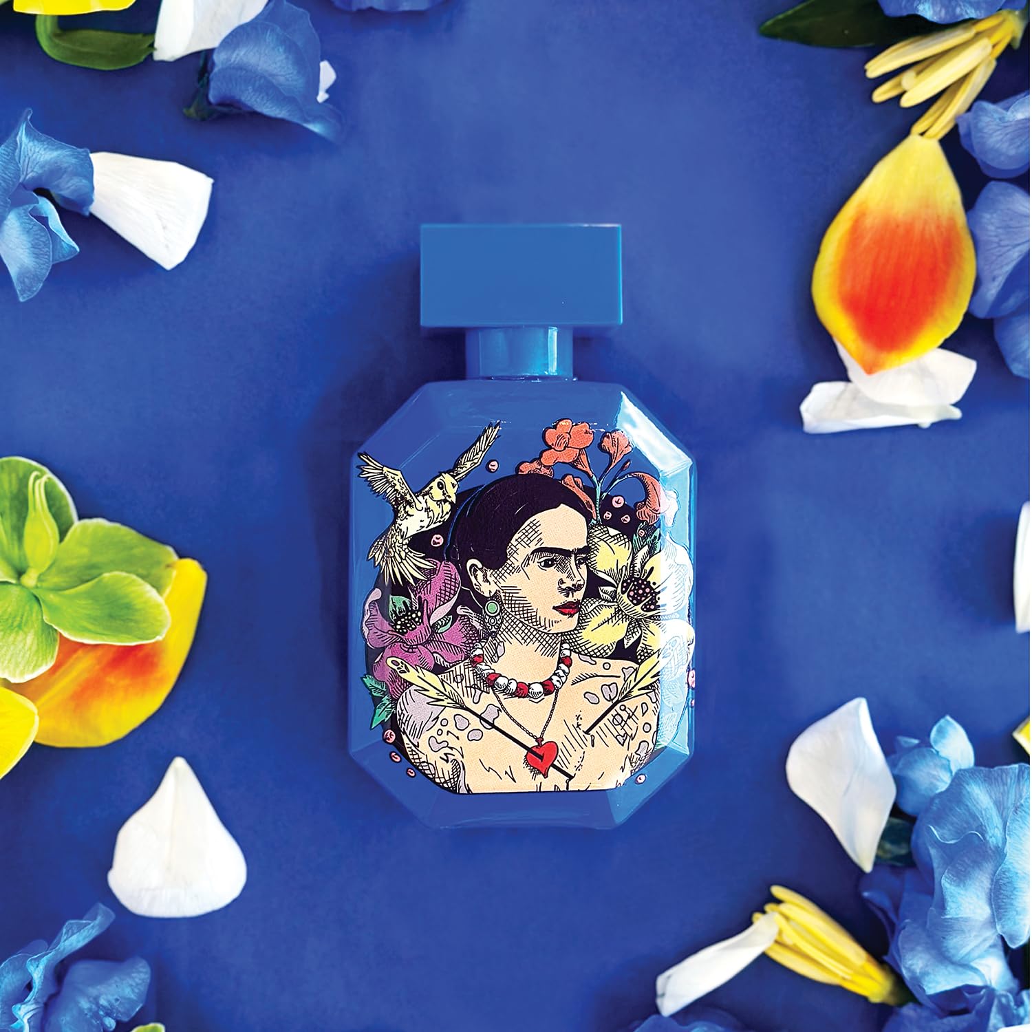Art-inspired label on Frida Kahlo Blue Deluxe bottle highlighting luxury aesthetics.