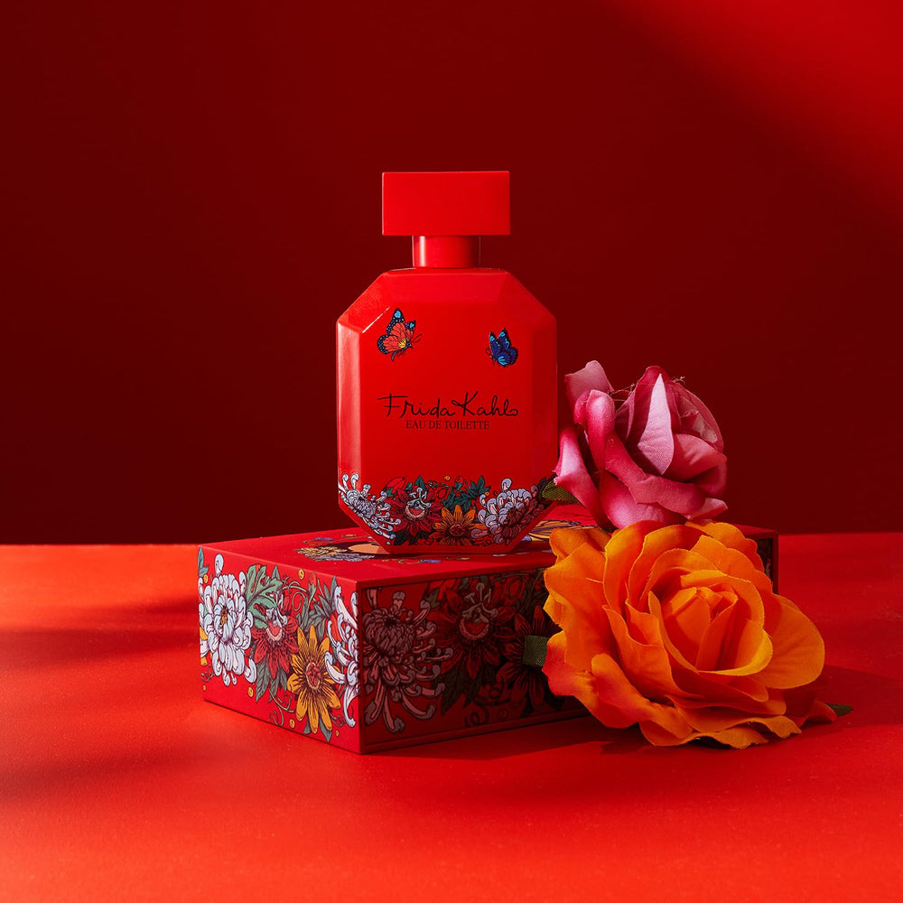 Frida Kahlo Red Deluxe bottle with floral motif, art-inspired elegance for her.