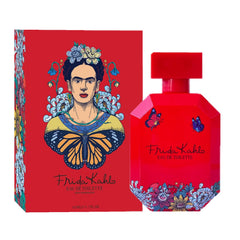 Frida Kahlo Red Eau de Toilette bottle showcases a long-lasting floral scent for daily confidence.
