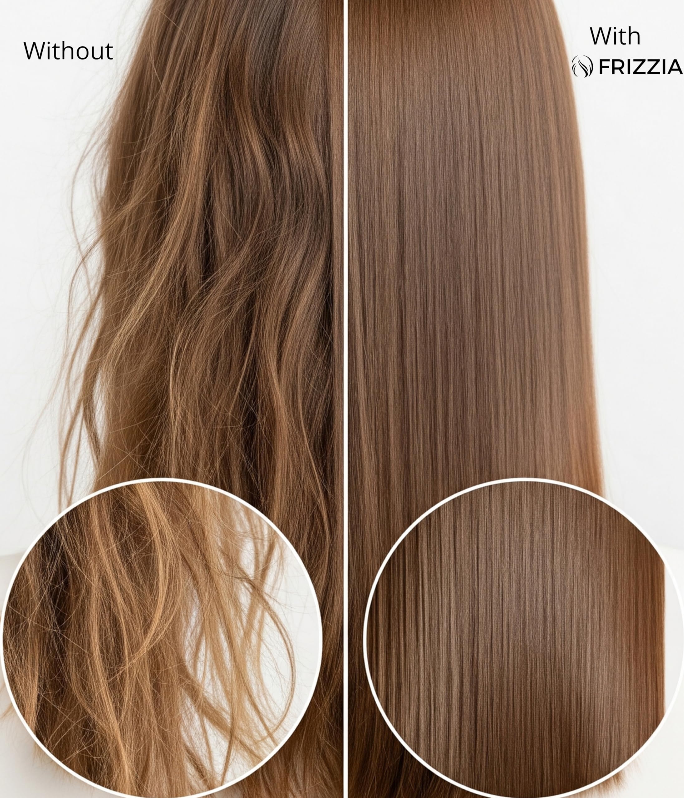 Frizzia Ultra Collagen Hair Mask applied to hair showing smooth, frizz-free results