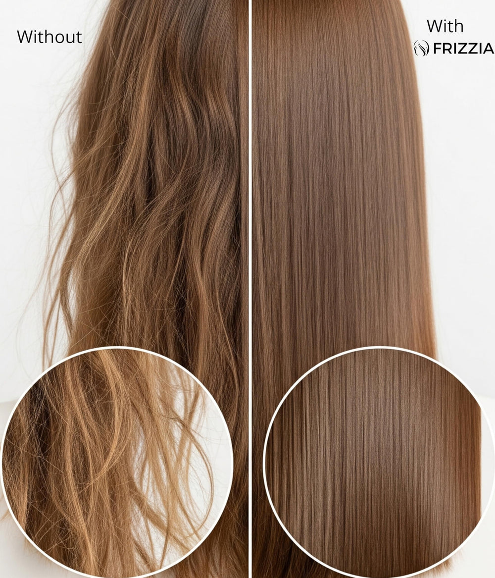 Frizzia Ultra Collagen Hair Mask applied to hair showing smooth, frizz-free results